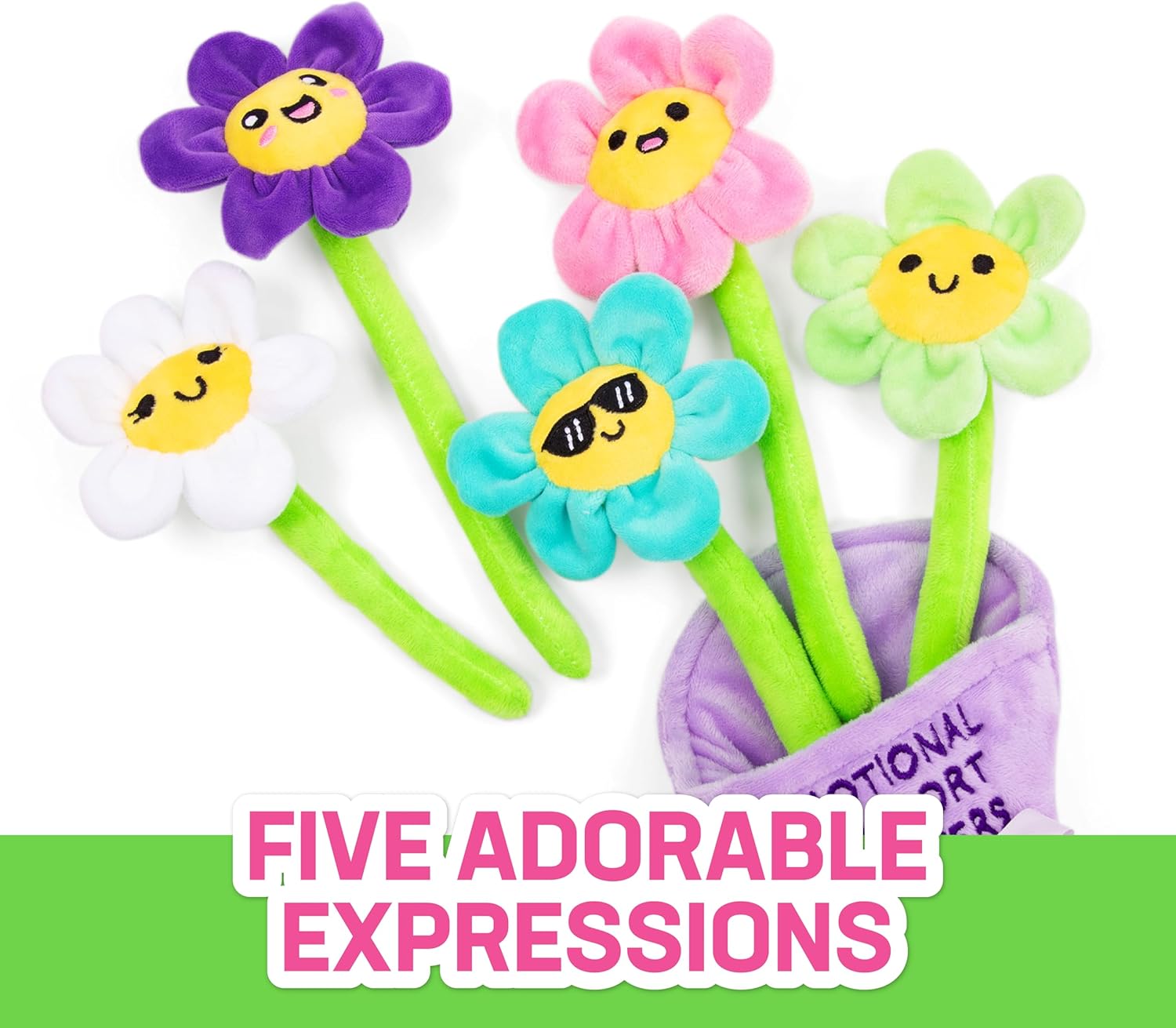 Emotional Support Flowers by Relatable, Cuddly Stuffed Animals and Toys, Squishy Toys and Plushies, Great Gift Ideas for Loved Ones of All Ages, Includes 5 Plushies with Carrying Basket